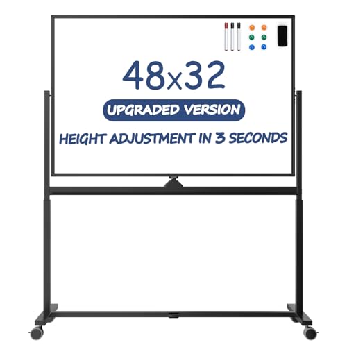 Rolling Whiteboard, 48 x 32 Inches Magnetic White Board with Stand, Double-Sided Large Standing Dry Erase Board on Wheels, Height-Adjustable Mobile Dry Erase Board for Office, Home, Classroom - color: Black - Upgraded, size: 48"x32"