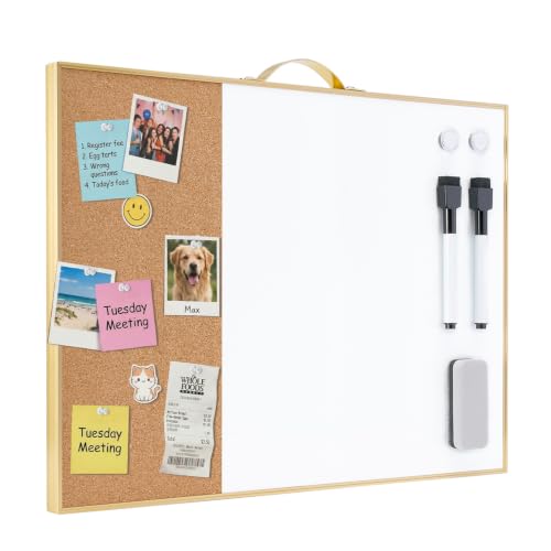 Small Cork Board Whiteboard Combo - 12" X 16" Portable Aluminum Gold Framed Magnetic Dry Erase Board for Wall, Mini Bulletin CorkBoard with a Handle for Office, Home and School - color: Gold- 1/3 Cork & 2/3 Whiteboard