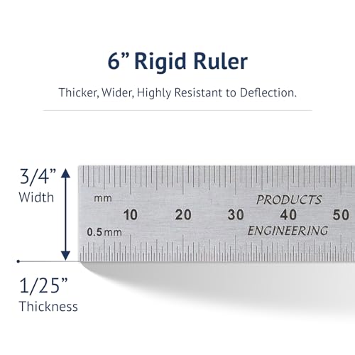 PEC Tools 150mm High Contrast Metal Ruler, Stainless Steel with Black Chrome Finish, Fully Metric Graduation (0.5mm, 1.0mm), Easy to Read Machinist Rule, Made in USA - color: Carbon Steel-Rigid, size: 150mm