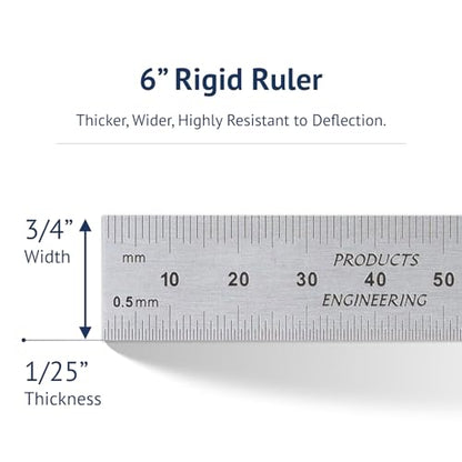 PEC Tools 150mm High Contrast Metal Ruler, Stainless Steel with Black Chrome Finish, Fully Metric Graduation (0.5mm, 1.0mm), Easy to Read Machinist Rule, Made in USA - color: Carbon Steel-Rigid, size: 150mm