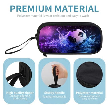 Firmiso Kids Pencil Case, Soccer Water Splash Graphic, Large Capacity Double Zipper Pencil Pouch with Compartments, Durable Polyester Stationery Organizer, Pen Bag for Boys Girls Teens - color: Soccer Water Splash