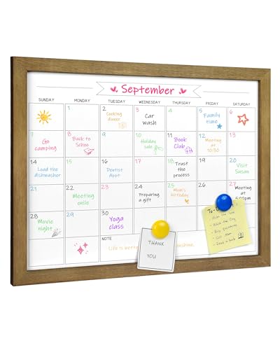 Dry Erase Monthly Calendar Whiteboard, Magnetic Surface White Board for Wall, Office/School/Home, Solid Pine Wood Rustic Brwon Frame Hanging Board & Planning Board, 13"x 17" (YL-RB-3343-B) - color: Rustic Brwon, size: 17"W x 13"H