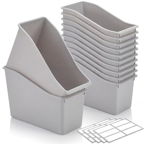 Geetery 6 Pcs Book Bin for Classroom with Labels Stackable Plastic Organizing Bins 11.5 x 5.4 x 7.5 in Book Holders Storage Bins Box Baskets for Classroom Library Home (Grey) - color: Grey