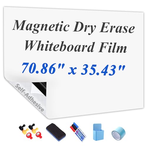 Self-Adhesive Dry Erase Whiteboard Sticker, 70.86" x 35.43" Magnetic Receptive White Board Wall Film, No Ghosting, Easy Write & Clean | Peel & Stick for Office, Home & Classroom,Incl. Accessories - size: 70.86" x 35.43"