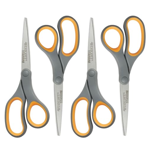 Westcott 8-Inch Titanium Bonded Straight Scissors, Soft Handle, Gray/Yellow, 4-Pack - size: 4-Pack
