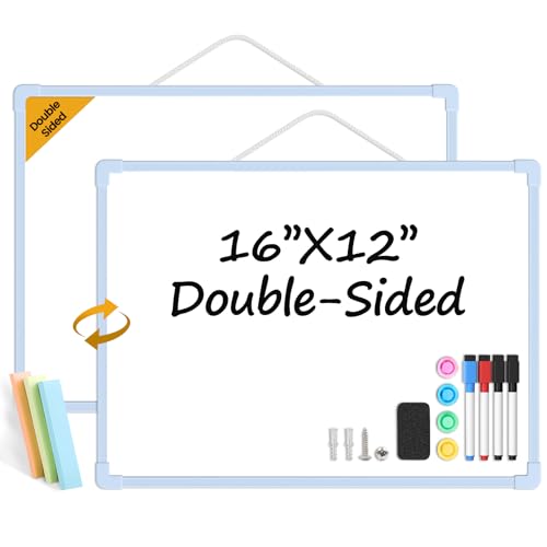 Blue Frame Small Dry Erase Board for Wall, 16" x 12" Double-Sided Hanging Whiteboard with 4 Markers, 4 Magnets and 3 Mini Sticky Notes, Portable Whiteboard for Kids, School, Home, Office - color: Blue, size: 16"x12"