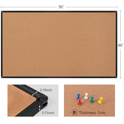 Extra Large Cork Bulletin Board 96" X 48", Black Aluminum Framed 8'x4' Corkboard for Wall, Wall Mounted Notice Pin Board with 18 Push Pins for School, Home & Office - size: 96" x 48"