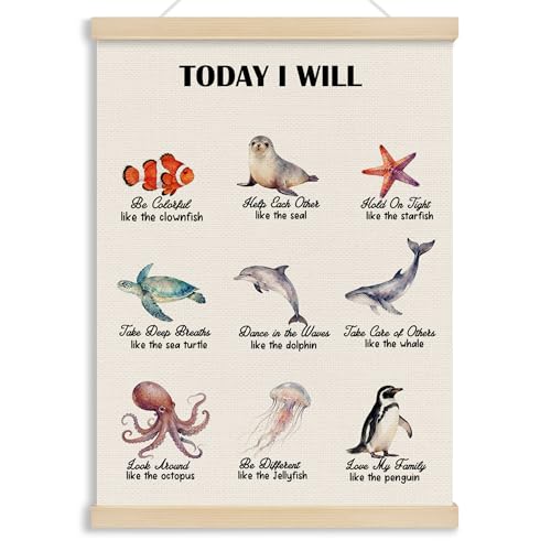 MOTERMATE Ocean Nursery Poster Hanger Frame, Nautical Coastal Beach Marine Biology Wall Hanging Decor Art Framed for Classroom Kids Room Bedroom Playroom, Affirmation Wall Poster Prints, 12x16 Inch - color: Iwill