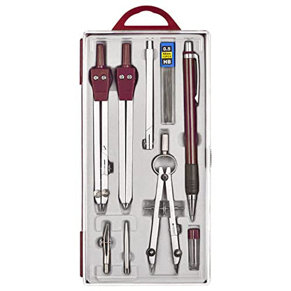Unjoo 9Pcs Precision Geometry Set Metal Compass, Geometry Tool Tool Set with Shatterproof Storage Box, Circle Drafting Tool and Architecture, Drafting Kits for Engineers Students (Brown) - color: 9pcs-red