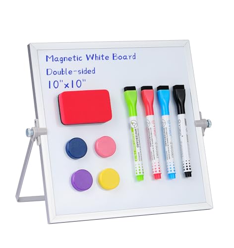 MXG Double Sided Magnetic Dry Erase Board, 10x10 Inch Portable Small White Board with Stand,360 Rotatable & Adjustable, Includes Markers, Eraser & Magnets, for Office, Home, Business - size: 10"W x 10"H