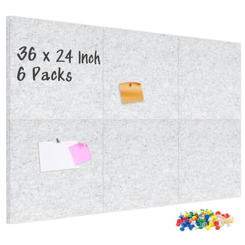 DOLLAR BOSS Felt Cork Board Tiles 6 Pcs 12"x12" Bulletin Board, Light Grey | 1/2" Thick, Self Adhesive, Acoustic Soundproof Panels for Walls, Includes 60 Pushpins, For Home Office Kitchen School - color: Light Grey, size: 6 PCS