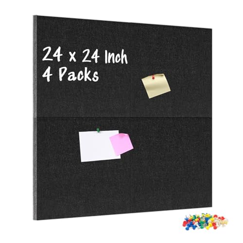 DOLLAR BOSS Felt Cork Board Tiles, 4 Pcs 12" x 12" Bulletin Board, Black | 1/2" Thick, Self Adhesive, Acoustic Soundproof Panels for Walls, Includes 40 Pushpins, For Home Office Kitchen School - color: Black, size: 4 PCS