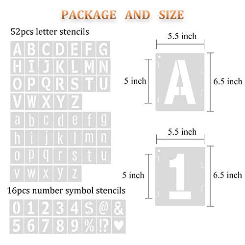 5 Inch Letter Stencils Symbol Numbers Stencil, 68 Pcs Reusable Alphabet Art Craft Templates Interlocking Stencils Kit for Painting on Wood, Wall, Glass, Fabric, Rock, Canvas, Chalkboard, Sign（5Inch） - size: 5 inch