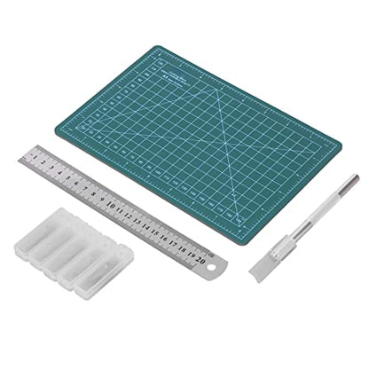 Fabric Cutting Mat, A5 15x22cm Plastic Mat with Steel Ruler and 25 Blades, for Cutting Wood Cardboard Paper Plastic Cloth Leather Foam Board