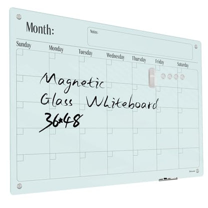 Magnetic Glass Monthly Calendar Whiteboard - 48"x36" Frameless Glass Dry Erase Board for Walls - White - color: Mothly-a, size: 48" x 36"