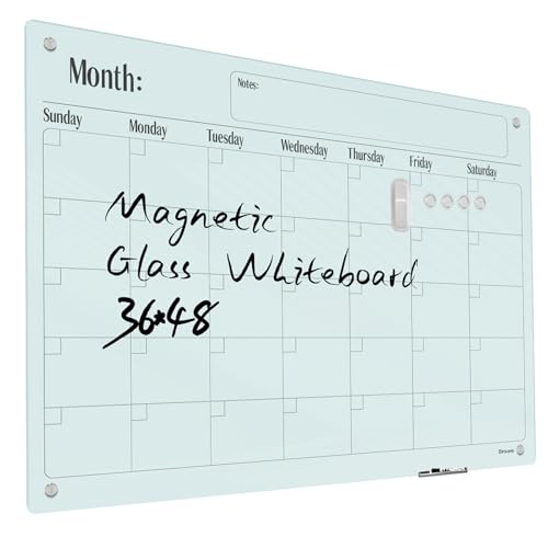 Magnetic Glass Monthly Calendar Whiteboard - 48"x36" Frameless Glass Dry Erase Board for Walls - White - color: Mothly-a, size: 48" x 36"