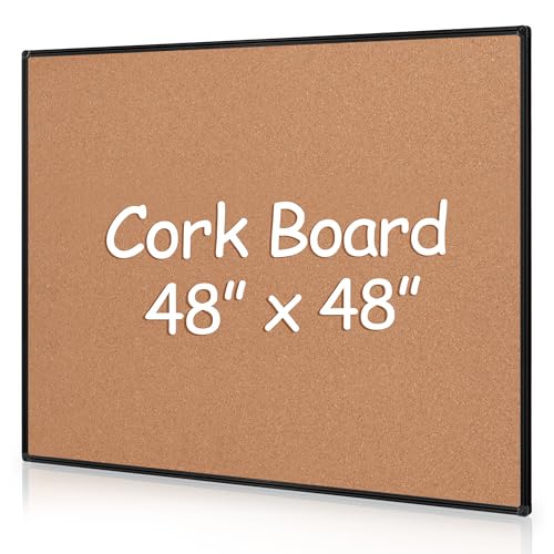 Extra Large Cork Bulletin Board 48" X 48", Black Aluminum Framed 4'x4' Corkboard for Wall, Wall Mounted Notice Pin Board with 18 Push Pins for School, Home & Office - size: 48" x 48"