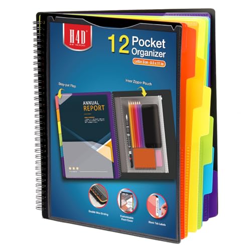 H4D 12 Pocket Poly Project Organizer, Spiral Multi Pocket Folder Organizer, Multi-Subject Folder Notebook, Letter Size - color: Primary Color, style: 12 Pockets