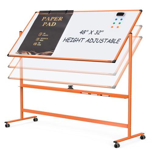 Whiteboard on Wheels, 48x32 Inches Mobile Whiteboard, Rolling Dry Erase Board with Stand, Magnetic Standing White Board for Office, School, Home, Large Double Sided White Board with Paper Pad - color: Orange, size: 48"x32"