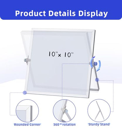 MXG Double Sided Magnetic Dry Erase Board, 10x10 Inch Portable Small White Board with Stand,360 Rotatable & Adjustable, Includes Markers, Eraser & Magnets, for Office, Home, Business - size: 10"W x 10"H