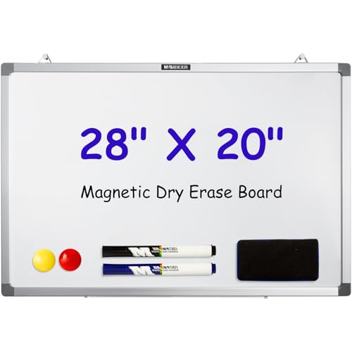 M&G Dry Erase Board Magnetic White Board for Wall, 28” x 20” Whiteboard with 2 Markers & 2 Magnets & 1 Eraser, Hanging Whiteboard with Silver Frame for Planning, Drawing, to Do List, Office Use - size: 28 X 20 Inches
