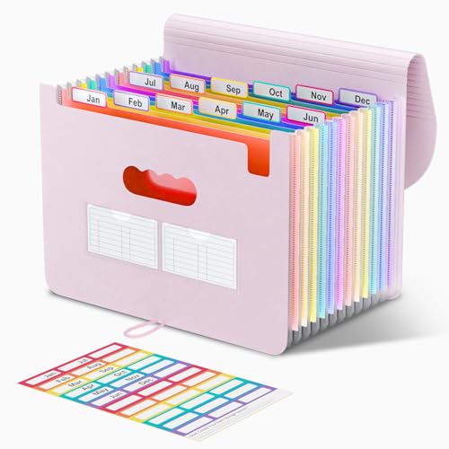 ThinkTex Accordion File Organizer, 12 - Pocket Expanding File Folders for Paper Receipts, Bills & Taxes Organizer, Letter/A4 Size Document Holder for School, Office, Home with tabs-Pinkish Purple - color: Pinkish Purple