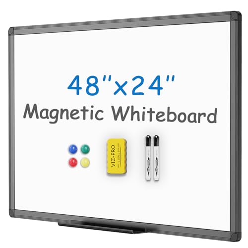 VIZ-PRO Magnetic Whiteboard/Dry Erase Board with Black Aluminium Frame, 48 X 24 Inches, Includes 1 Eraser & 2 Markers & 4 Magnets - size: 48 X 24 Inches