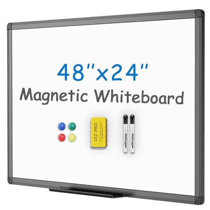 VIZ-PRO Magnetic Whiteboard/Dry Erase Board with Black Aluminium Frame, 48 X 24 Inches, Includes 1 Eraser & 2 Markers & 4 Magnets - size: 48 X 24 Inches