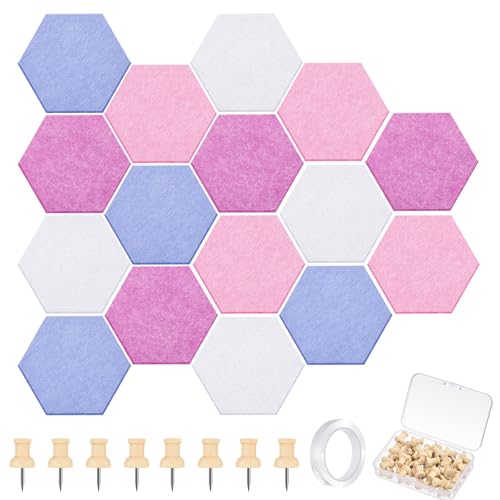 Mindsoft 6.7 x 5.9 in 16 Pcs Hexagon Cork Board Tiles with 50 Wooden Push Pins, Cork Boards for Wall, Felt DIY Tiles with Nano Tape, Pin Board for Office Classroom Home Photo Memo Note (Pink) - color: Pink, size: 6.7 x 5.9 in