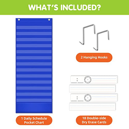 Eamay Daily Schedule Pocket Charts, Teacher Schedule Chart with Resuable 18 Custom Cards, Classroom Pocket Chart for School Office or Homeschool Activities, Blue - color: Blue