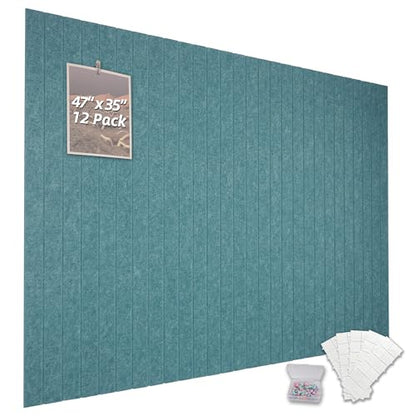 Cork Board Alternative Felt Bulletin Board Tiles-Modular Slat Paneling, Display, Noise Reduction, Safely Removable, Home & Office, 47" x 35", 12-Pack(Peacock Blue) - color: Peacock Blue