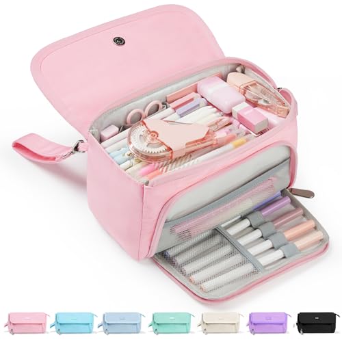 Sooez Super Large Pencil Case, Big Capacity Pencil Bag with 3 Compartments, Hold 200 pencils, Cute Pencil Pouch with Zipper, Portable Stationery Pen Bag, Aesthetic School Supplies For Girls, Pink - color: Pink