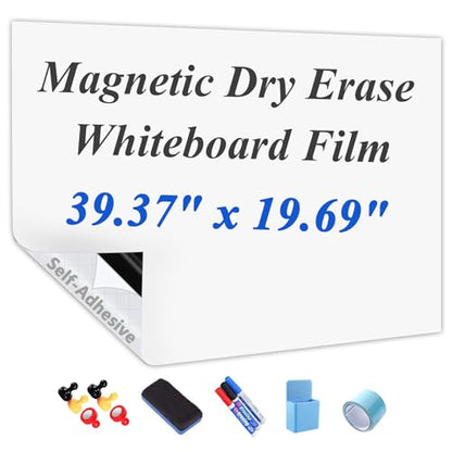 Self-Adhesive Dry Erase Whiteboard Sticker, 39.37" x 19.69" Magnetic Receptive White Board Wall Film, No Ghosting, Easy Write & Clean | Peel & Stick for Office, Home & Classroom,Incl. Accessories - size: 39.37" x 19.69"