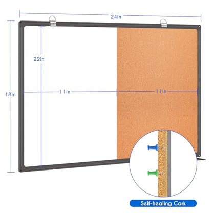 Magnetic White Board and Cork Board Combo, 24 X 18 inches Whiteboard Bulletin Combination Board, Wall Mounted Dry Erase Message Board for Home, School and Office, Black - size: 24 x 18 inch Black