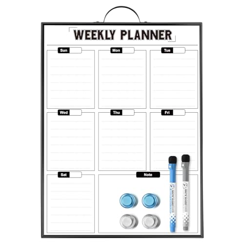 Weekly Calendar Dry Erase Board 16"x12" with Handle | Aluminum Black Frame, Magnetic Weekly Planner Whiteboard, Portable Small Hanging Board for Wall, Door, 2 Markers & 4 Magnets - style: 16" x 12"-Weekly Planner