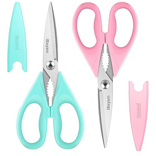 iBayam Cute Kitchen Scissors All Purpose Heavy Duty Meat Poultry Shears | Pastel Pink, Mint Blue, Built-In Bottle Opener, Protective Sheath, Dishwasher Safe, Stainless Steel, Comfort Grip, Left/Right - color: Pastel Pink, Mint Blue, size: 2-Pack