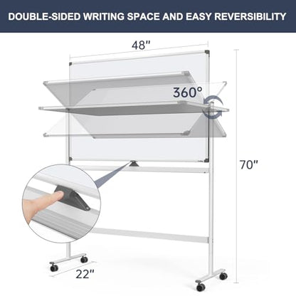 Dry Erase Whiteboard Easel on Wheels - TANKEE 48" x 32" Large Double Sided Mobile Whiteboard, Reversible Magnetic Rolling White Board for Home Office Classroom, Flip Chart Holders and Paper Pad - color: White, size: 48"x32"