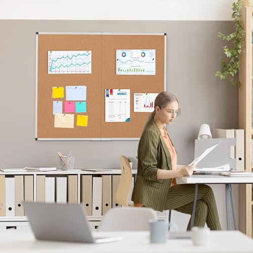 Extra Large Cork Bulletin Board 48" X 48", Foldable Notice Pin Board for Wall, Silver Aluminum Framed 4'x4' Corkboard, Wall Mounted Noticeboard with 36 Push Pins for School, Home & Office - size: 48" x 48"