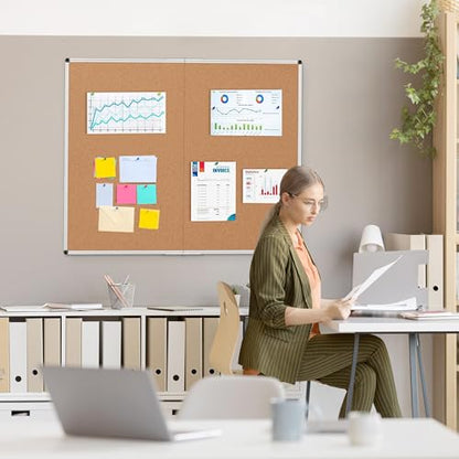Extra Large Cork Bulletin Board 48" X 48", Foldable Notice Pin Board for Wall, Silver Aluminum Framed 4'x4' Corkboard, Wall Mounted Noticeboard with 36 Push Pins for School, Home & Office - size: 48" x 48"