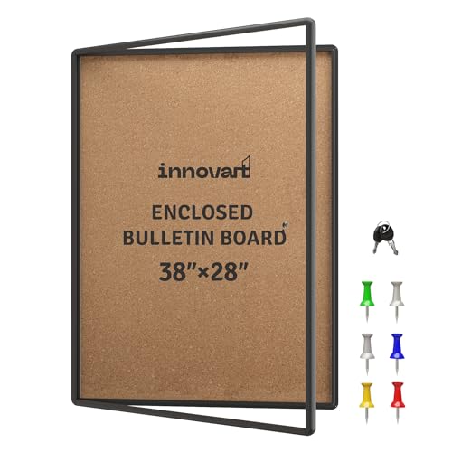 INNOVART 38”x28” Enclosed Bulletin Board, Weatherproof Enclosed Cork Board with Swing-Open Locking Door, Black Aluminum Frame Wall Mounted Display Case for Home, School, Office, Commercial - color: Black Frame Cork, size: 38" x 28"