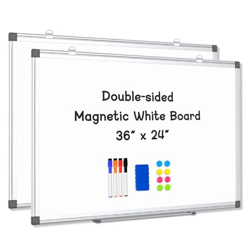 2 Pack Double-Sided Magnetic Aluminum Frame Whiteboard, 36" x 24" | White Board for Wall, Hanging Mounting White Board Dry Erase Board Marker Board for Kitchen, Memo, School, Home, Office - color: White, size: 36'' x 24'' - 2 Pack