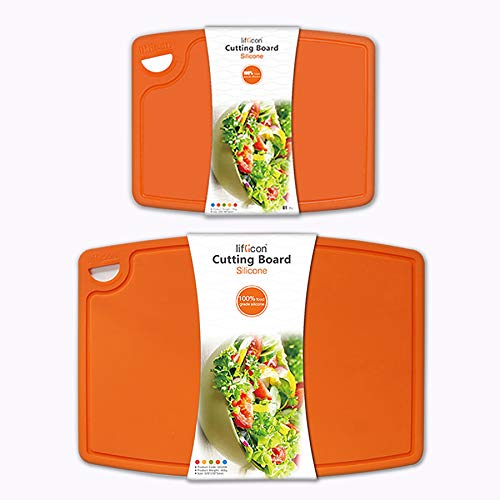 Liflicon Thick Cutting Boards for Kitchen Silicone Chopping Board Set of 2 Mid 12.6'' x 9.1”,Mini 9.1”x7.1” Non-slip Deep Drip Juice Groove Easy Grip Handle,Dishwasher Safe-Orange - color: Orange, size: S+M