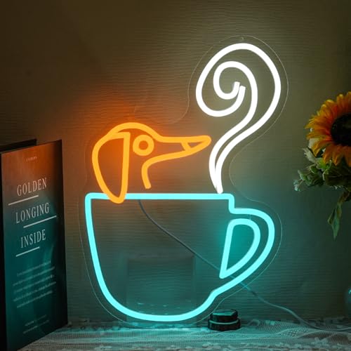 Coffee Dachshund Neon Sign for Wall Decor Cafe Neon Light Dachshund Led Neon Sign colorful Led Neon Light for Coffee Shop Milk Tea Shop Tea Room Bedroom Mall Decor - style: Dachshund In Coffee Cup