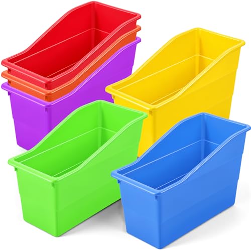 6 Pack Book Bins for Classroom Library, Storage Organizer Bins Holders, 11.4 x 5.5 x 7.4 Inch Durable Plastic Containers for School, Office, Kitchen & Home Organization (Rainbow Color) - color: Rainbow Color