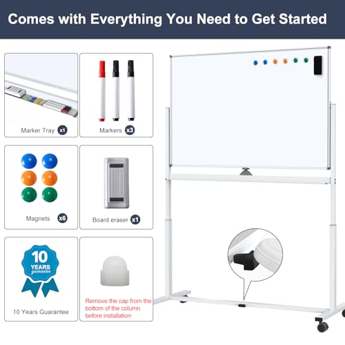 White Board on Wheels, 48 x 32 Inches Height-Adjustable Large Rolling Whiteboard, Mobile Magnetic Dry Erase Board with Stand, Double-Sided Standing Whiteboard for Office, Home, Classroom, School - color: White - Upgraded, size: 48"x32"