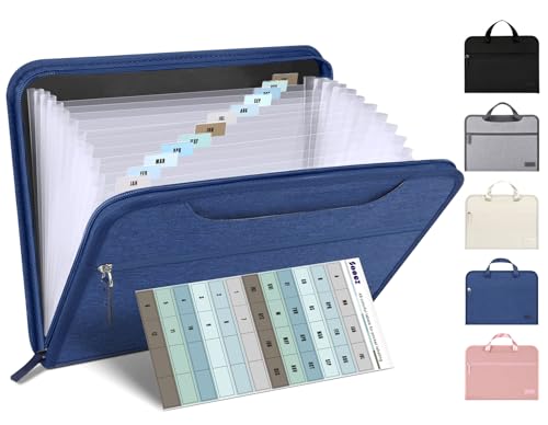Sooez Heavy Duty Accordion File Organizer with Hidden Handle, Portable 12 Pockets Expanding File Folders, Cloth Monthly Bills Receipt Organizer for Letter/A4, School Classroom Home & Office Supplies - color: Navy Blue