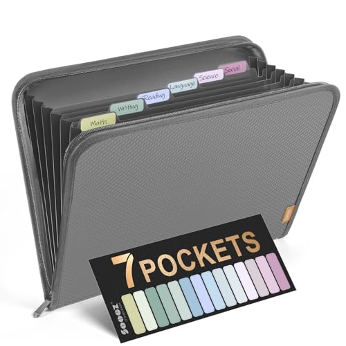 Sooez Accordion File Organizer with Safe Zipper, 7 Pockets Expanding File Folder, Heavy Duty Folder Organizer, Sleek Letter Size Accordion Folder, Portable Expandable File Folder for Documents, Grey - color: Grey, style: 7 Pocket