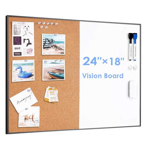 ARCOBIS Cork Board White Board Combo, 24 x 18 Inch Bulletin Board, Magnetic Dry Erase Board & Corkboard for Wall, Vision Board for Home, Office, School, Black Frame - color: Black, size: 24 x 18 Inch