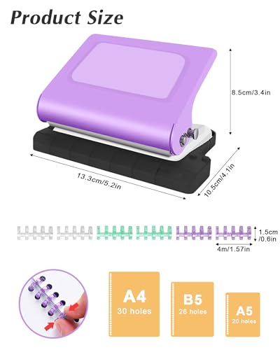 10 Hole Punch Binding Machine for Planners,Paper Puncher with Binder Rings,Punches Holes on B5,A4,A5 Paper,Metal Manual Binding System,Handheld Metal Circle Paper Puncher for Home Office Study,Purple