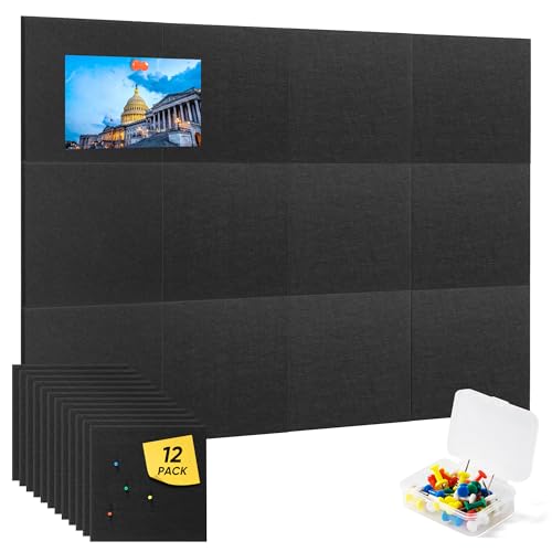 VUSIGN Large Cork Board for Wall 47"x35", 12 Pack Bulletin Board, Felt Wall Tiles with Adhesive Tabs and Push Pins, Push Pin Board for Office, School, Home, Black - color: Black